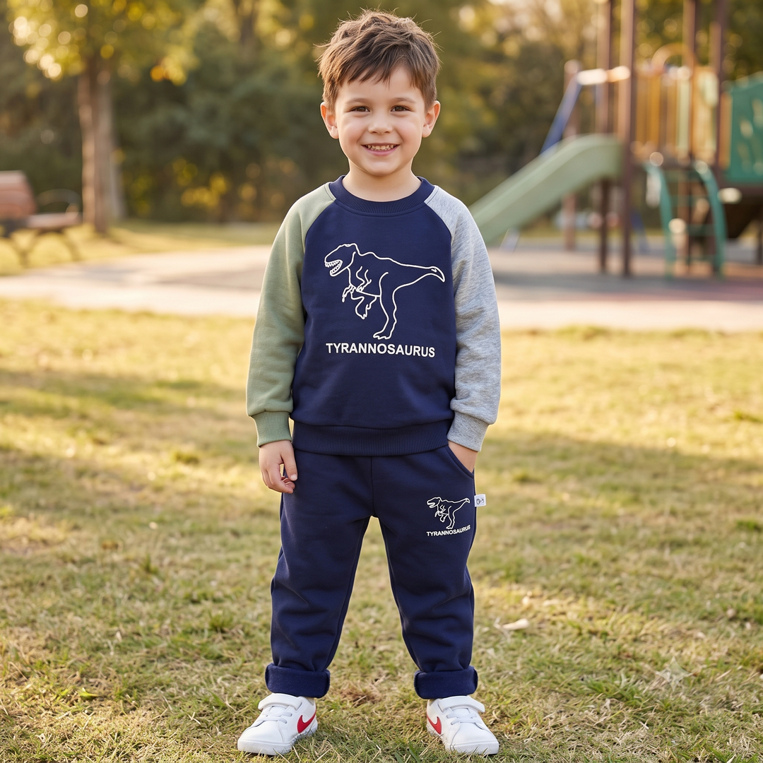 Kids Dinosaur Sweatshirt &amp; Trackpants Set – Soft Cotton Blend Long-Sleeve Sports Suit, Colorblock Fall &amp; Winter Loungewear for Boys &amp; Girls