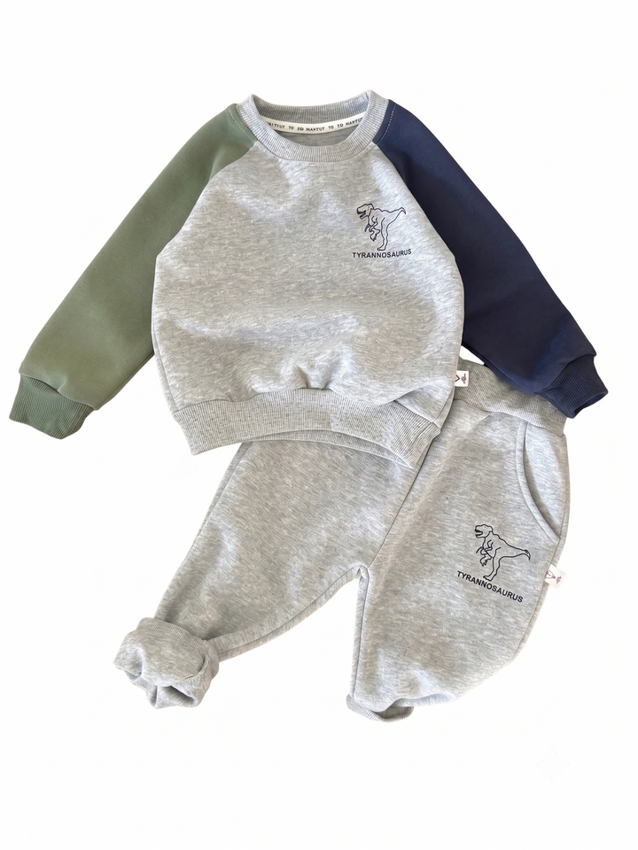 Kids Dinosaur Sweatshirt &amp; Trackpants Set – Soft Cotton Blend Long-Sleeve Sports Suit, Colorblock Fall &amp; Winter Loungewear for Boys &amp; Girls