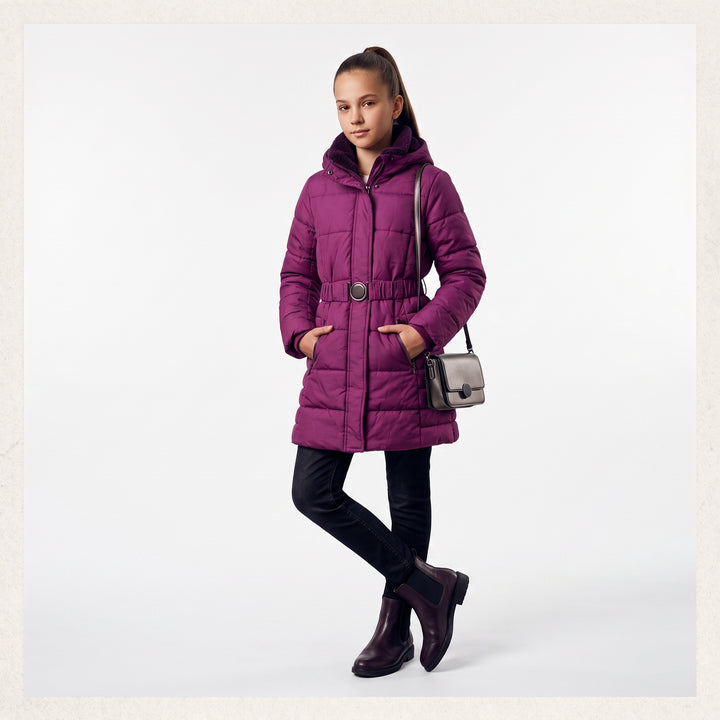 Girls Winter Puffer Jacket with Fleece Hood &amp; Elastic Belt – Warm Outerwear Parka Coat for Kids &amp; Teens (Ages 9–14)