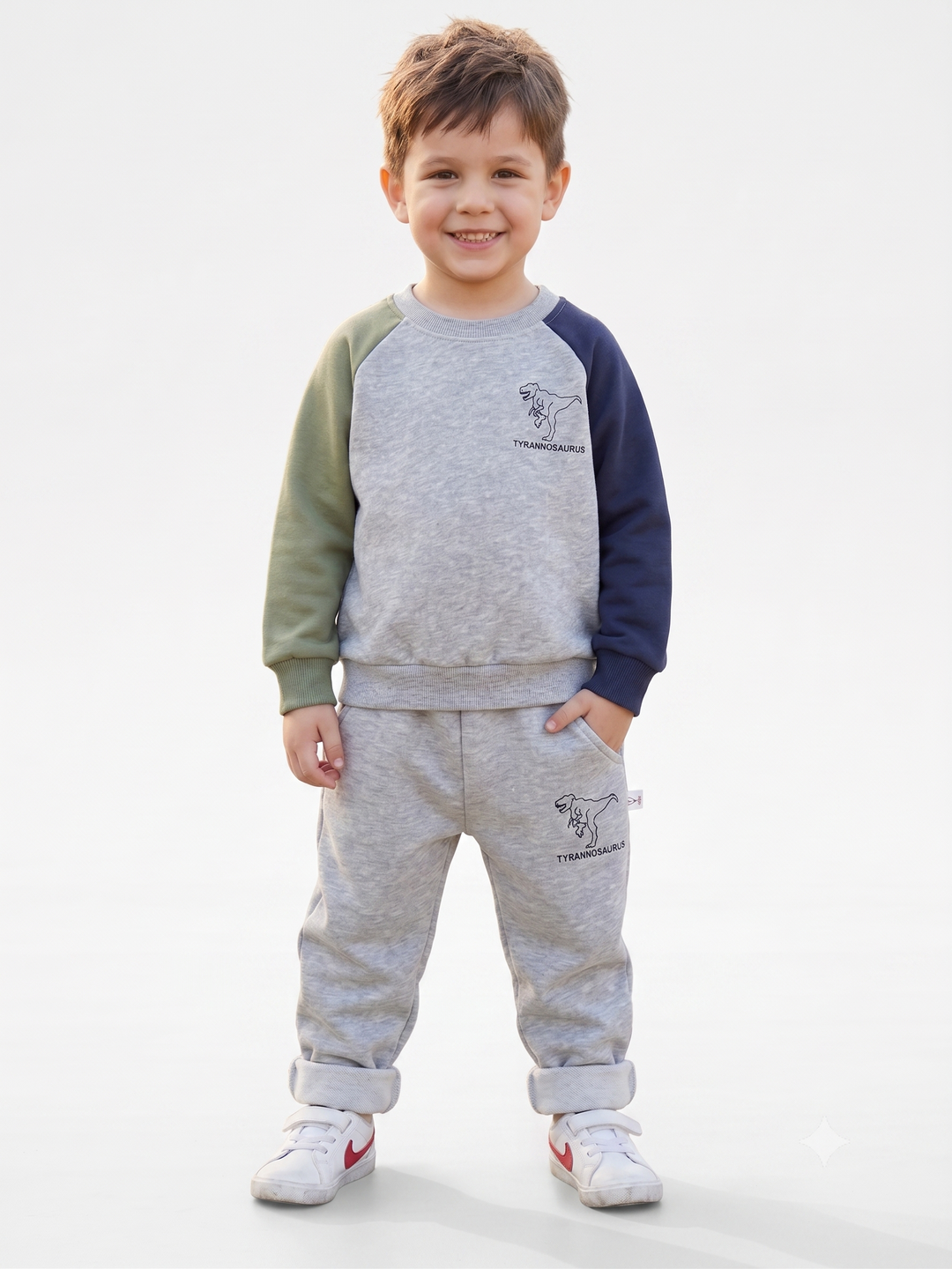 Kids Dinosaur Sweatshirt &amp; Trackpants Set – Soft Cotton Blend Long-Sleeve Sports Suit, Colorblock Fall &amp; Winter Loungewear for Boys &amp; Girls